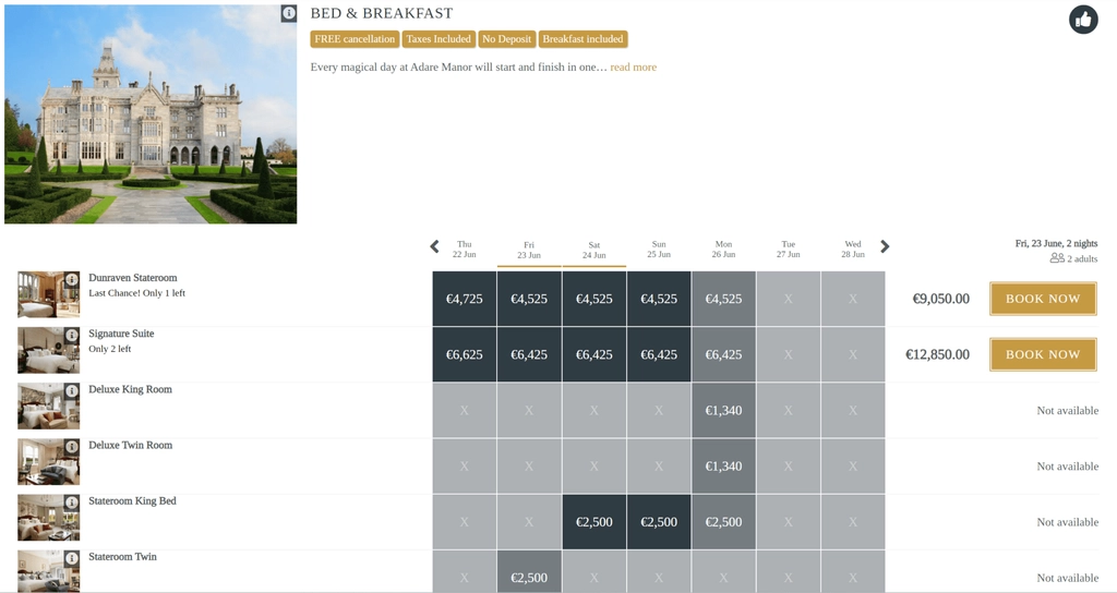 Prices to stay in the Adare Manor