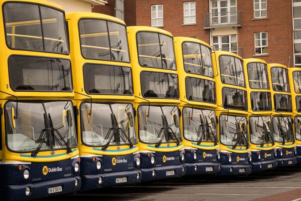 A line of Dublin buses. No car? No worry! Get the bus to these places near Dublin.