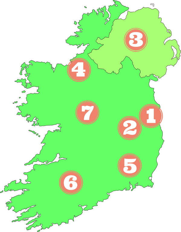A map of Ireland, overlayed with region numbers that we use to navigate around ourwebsite.